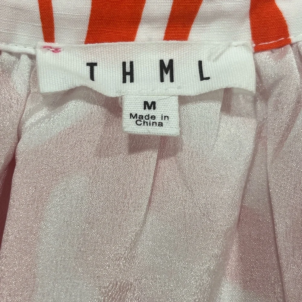 THML Orange White Botanical Print Ruffle Neck Mini Dress Linen Blend M - Picture 8 of 10